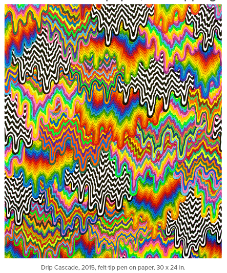 Colorful, wavy, drip-like patterns in layered rainbow shades blend with black-and-white zigzag lines, creating a vibrant mixed media art piece with psychedelic flair.